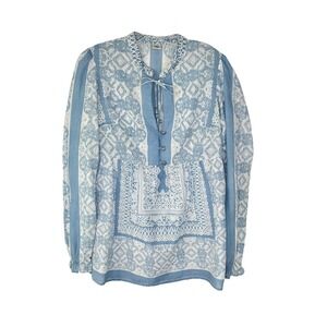 PRANA Blue Boho Peasant Prairie Gathered Waist Flowy Tunic Blouse Size‎ SMALL